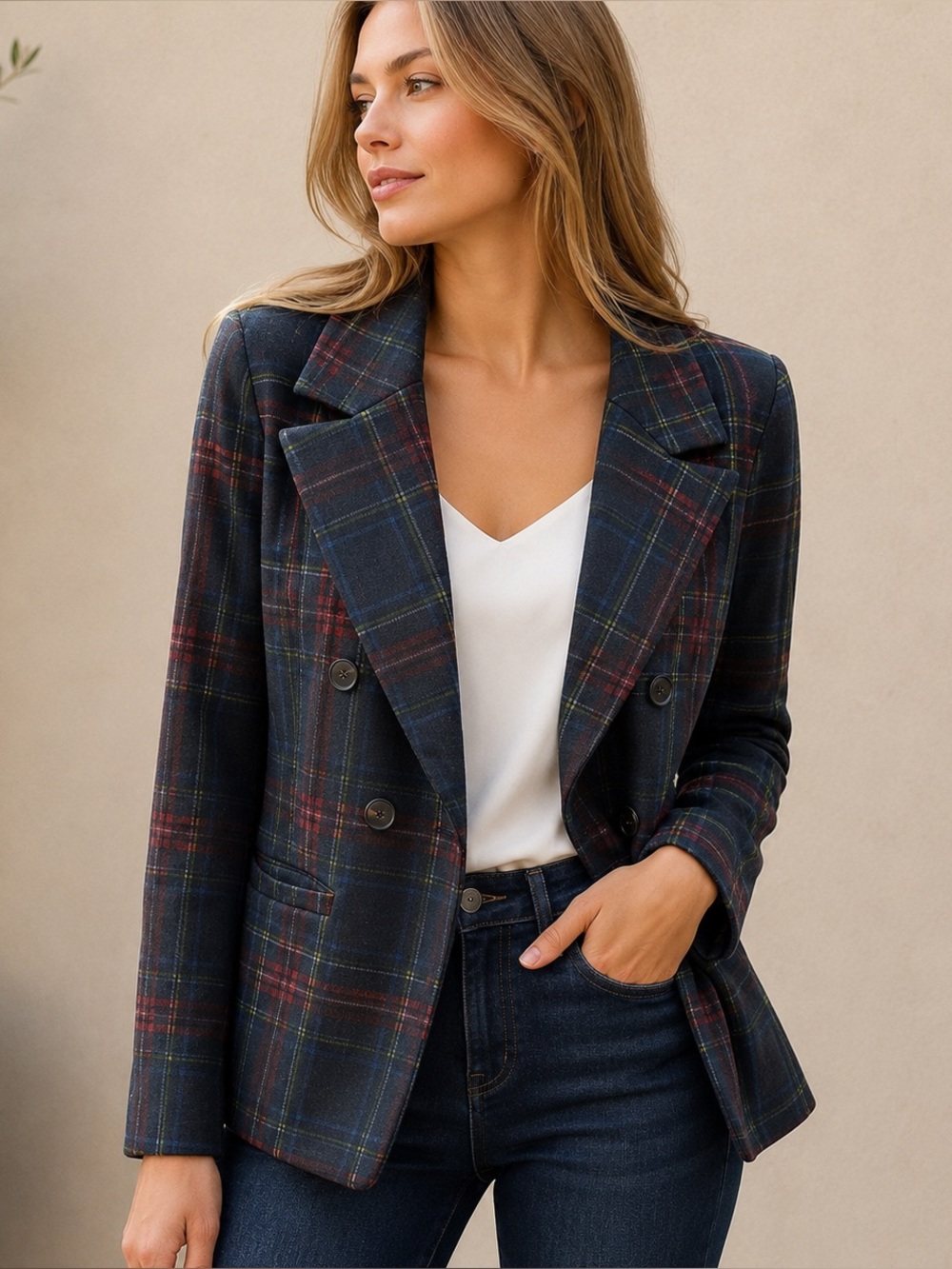 Bagatelle Collection Plaid Double Breasted Knit Blazer Jacket Women’s L